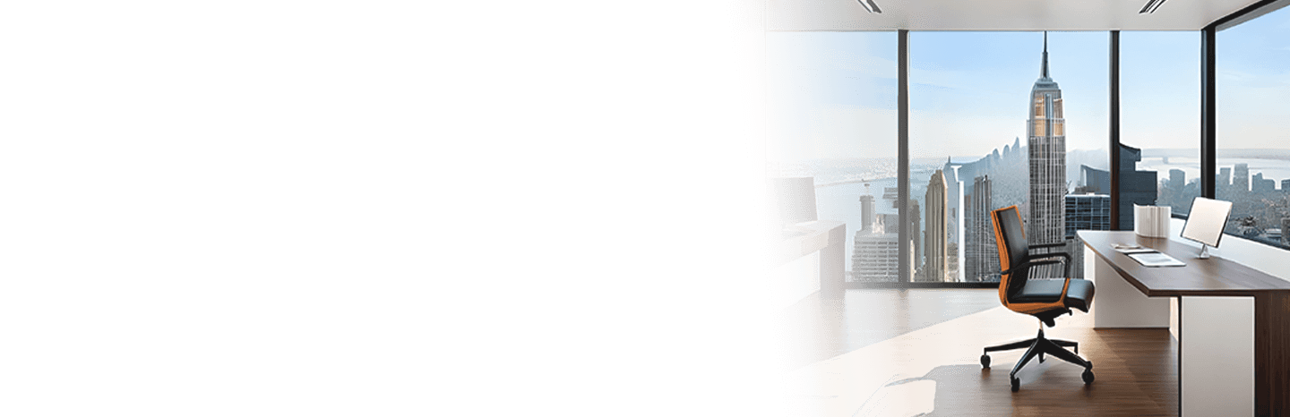 A modern office with a panoramic view of a city